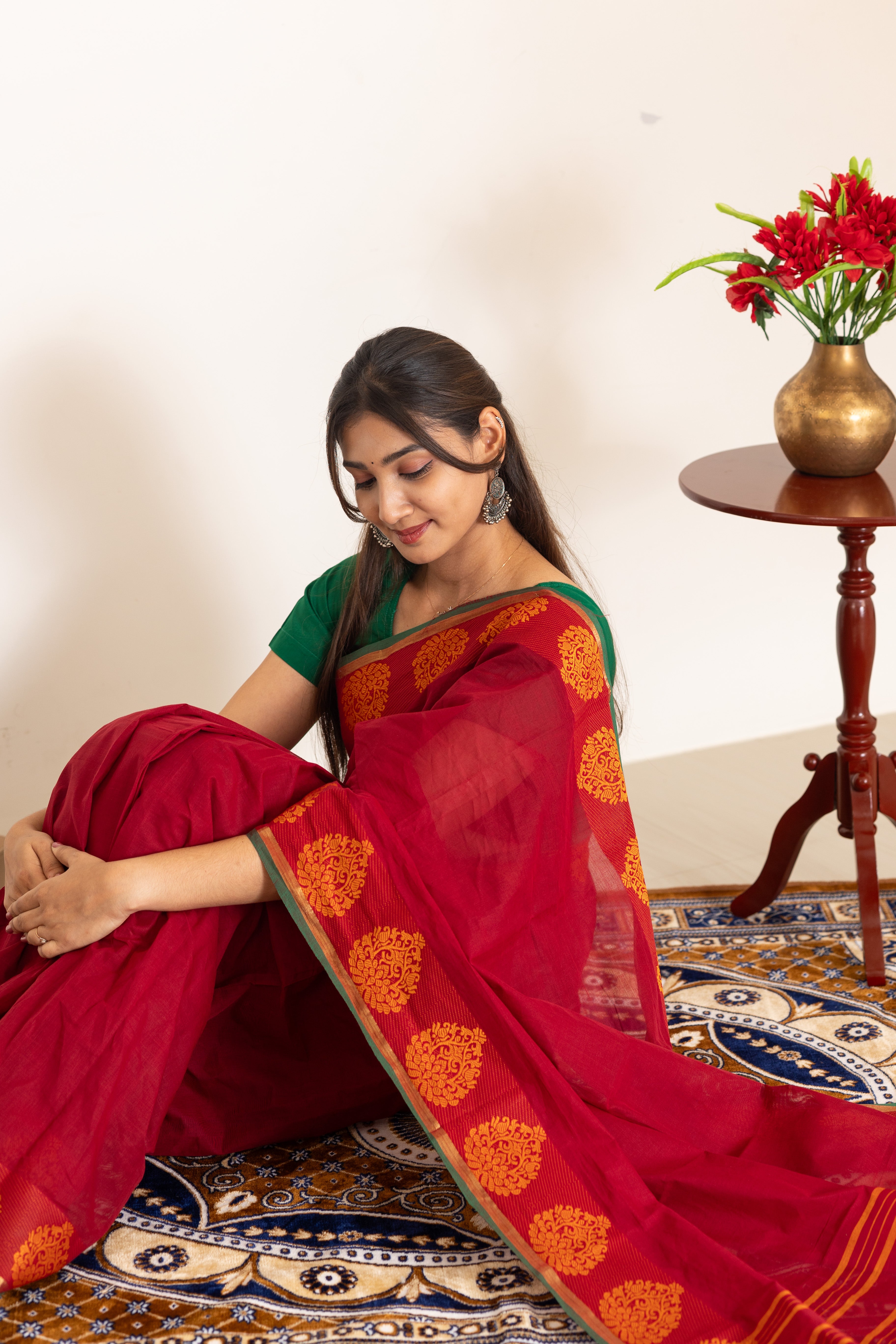 Kadal meengal Cotton saree in maroon ( Own weaving)