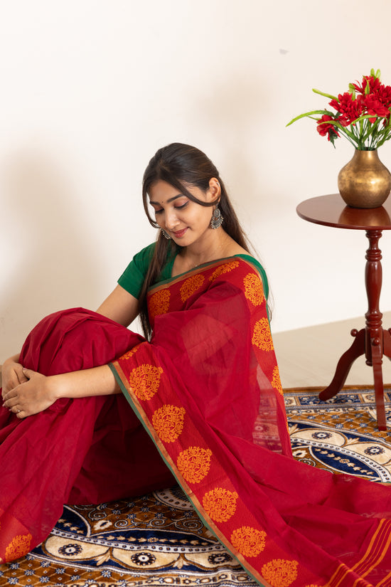 Kadal meengal Cotton saree in maroon ( Own weaving)