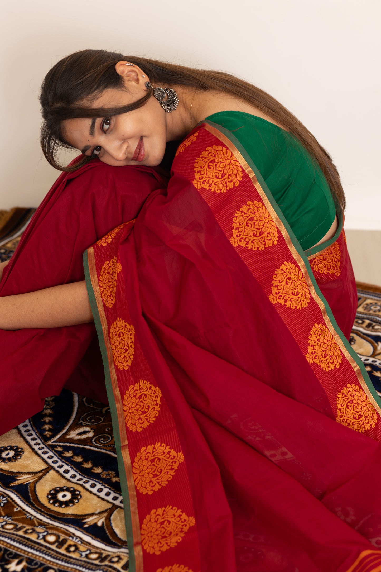 Kadal meengal Cotton saree in maroon ( Own weaving)