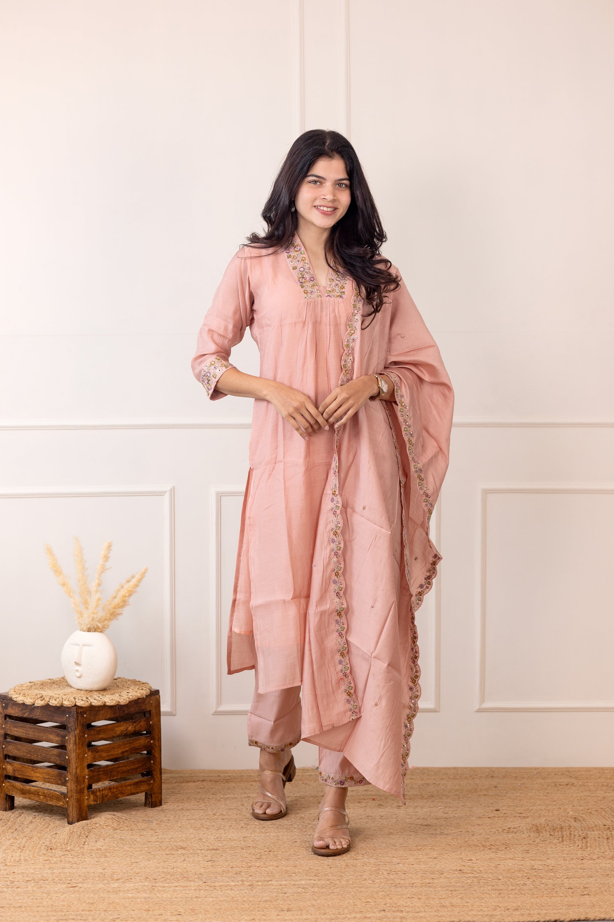 Tanishka embroided salwar set in dusty peach (Mul chanderi)