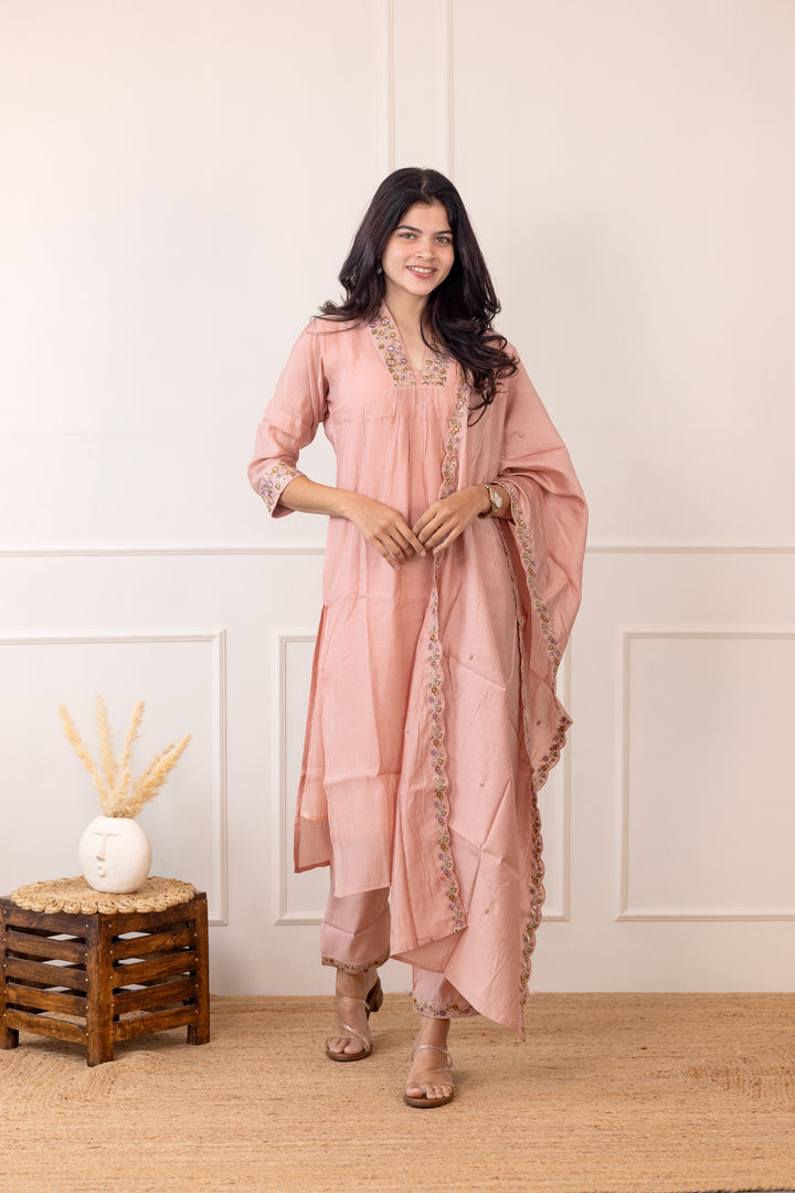 Tanishka embroided salwar set in dusty peach (Mul chanderi)