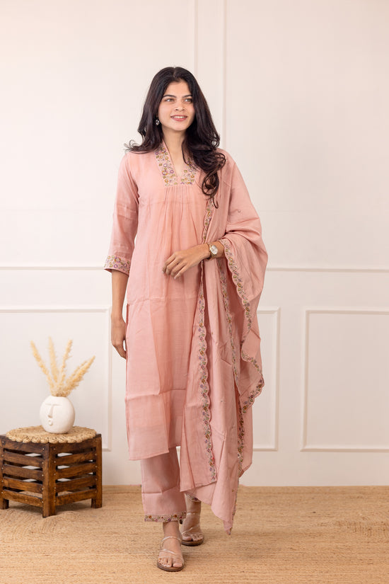 Tanishka embroided salwar set in dusty peach (Mul chanderi)