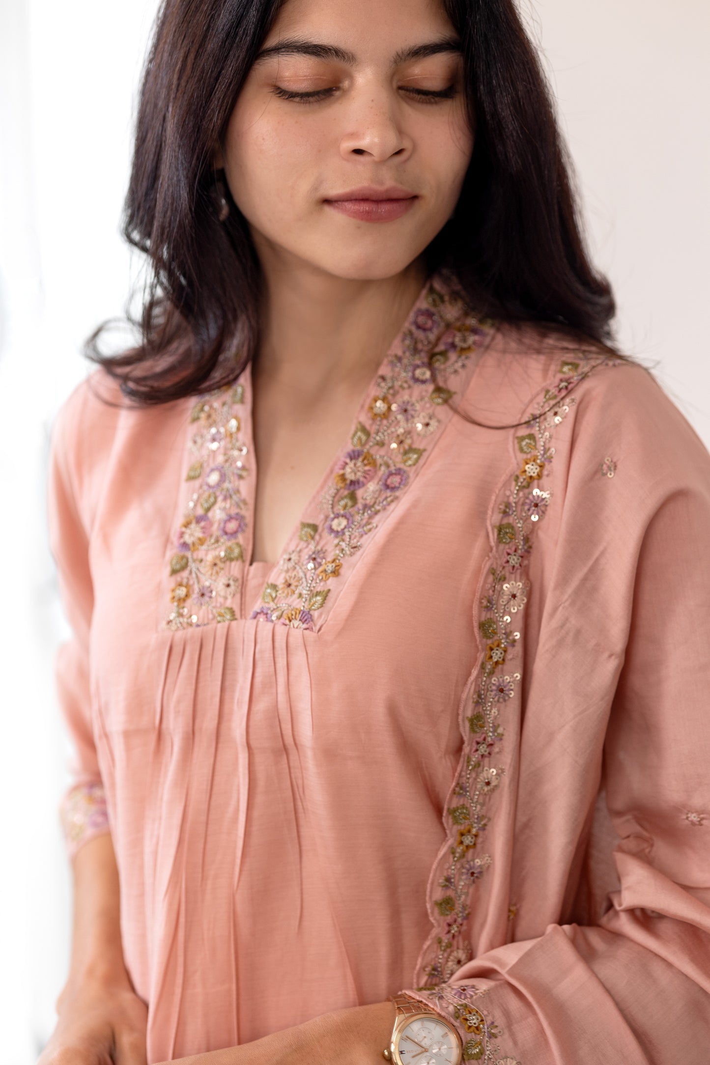 Tanishka embroided salwar set in dusty peach (Mul chanderi)