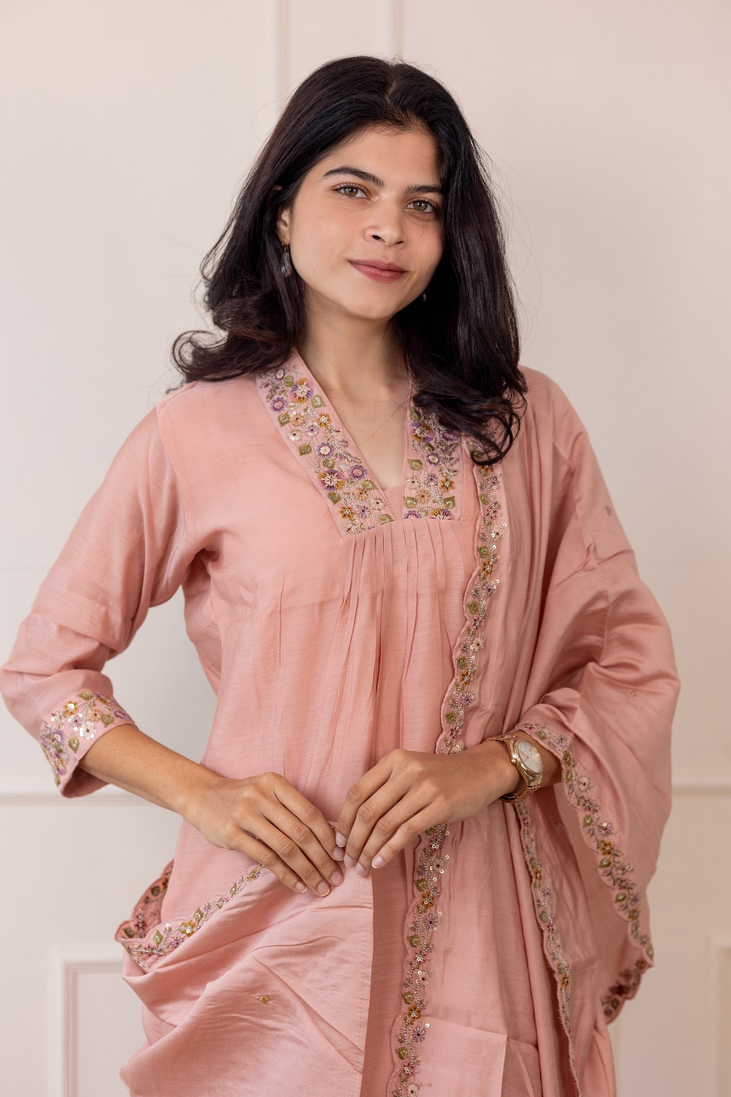 Tanishka embroided salwar set in dusty peach (Mul chanderi)