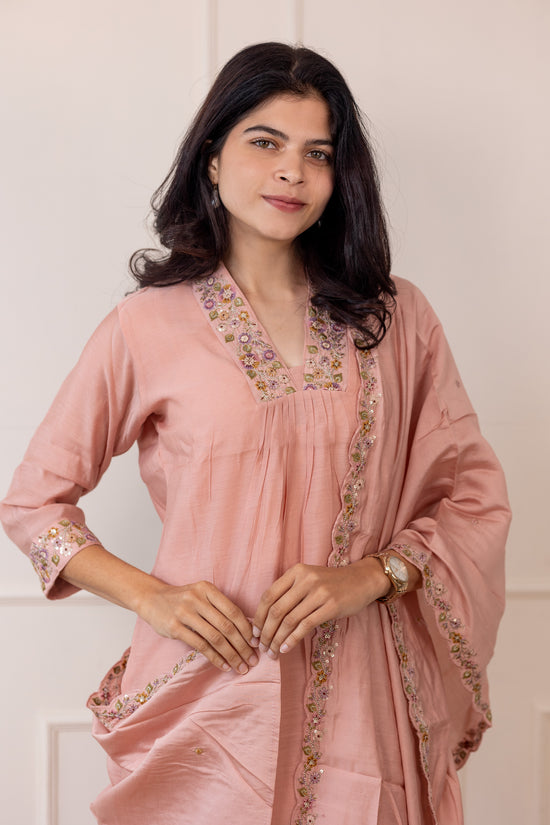Tanishka embroided salwar set in dusty peach (Mul chanderi)