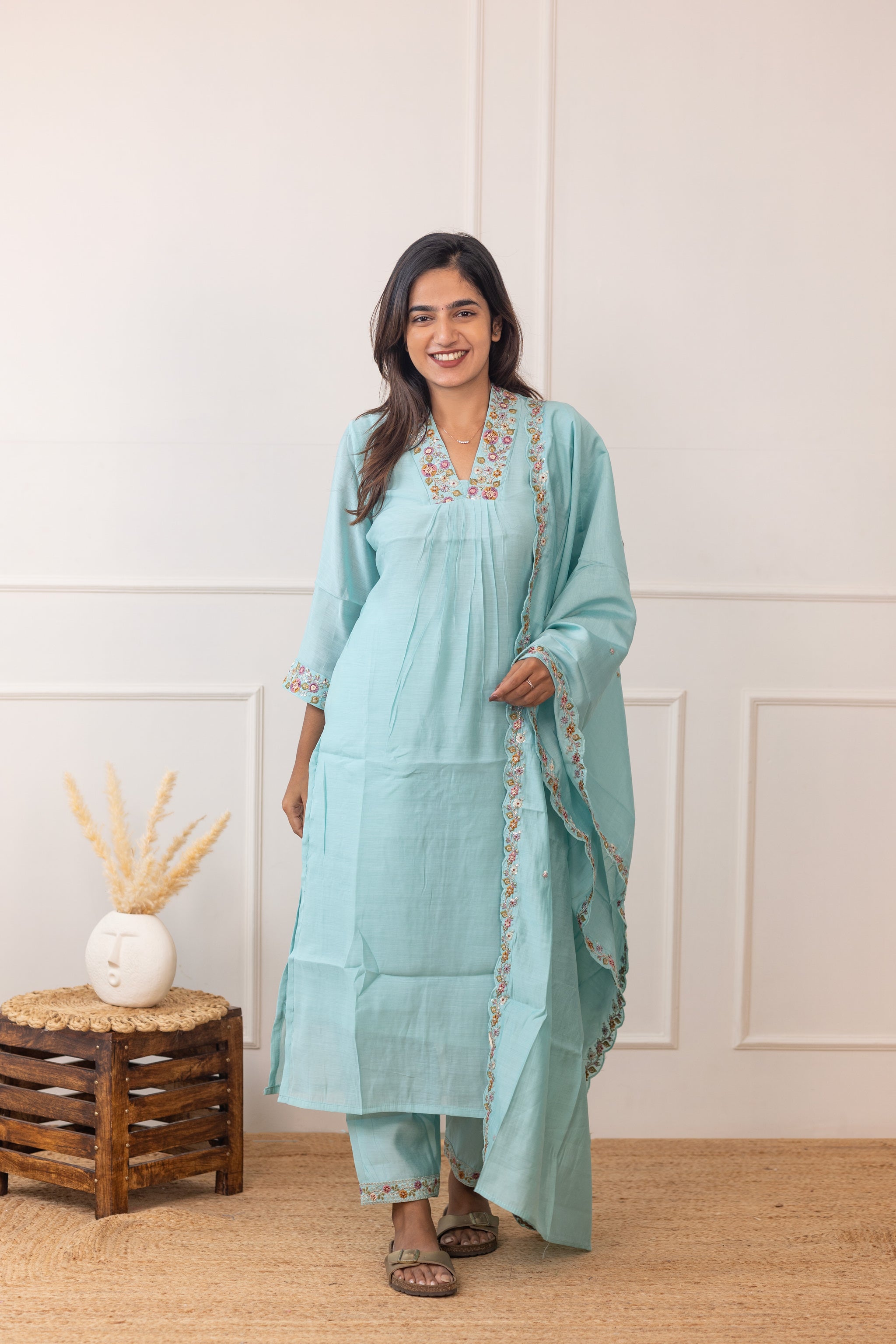 Tanishka embroided salwar set in light sky green (Mul chanderi)