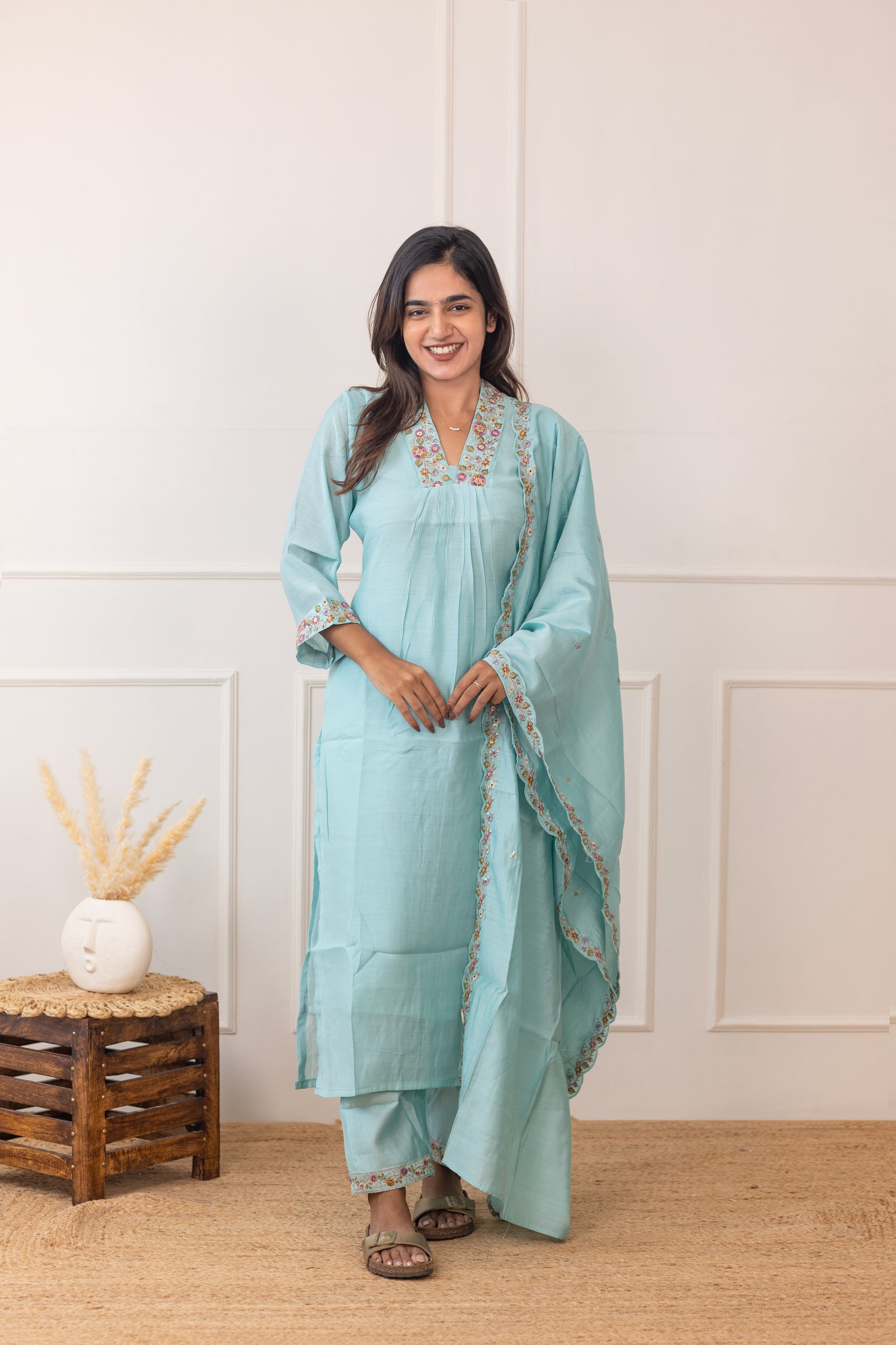 Tanishka embroided salwar set in light sky green (Mul chanderi)