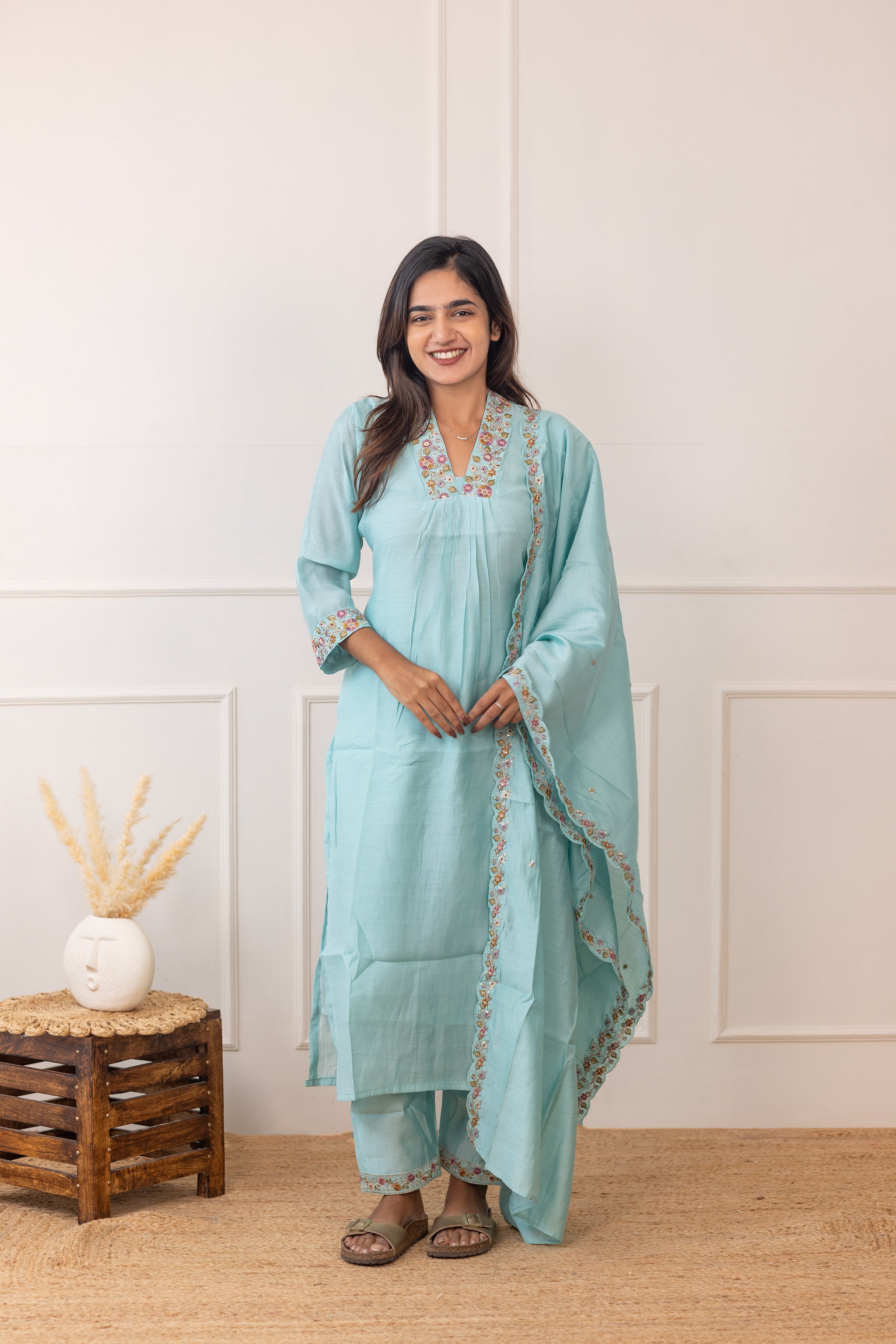 Tanishka embroided salwar set in light sky green (Mul chanderi)