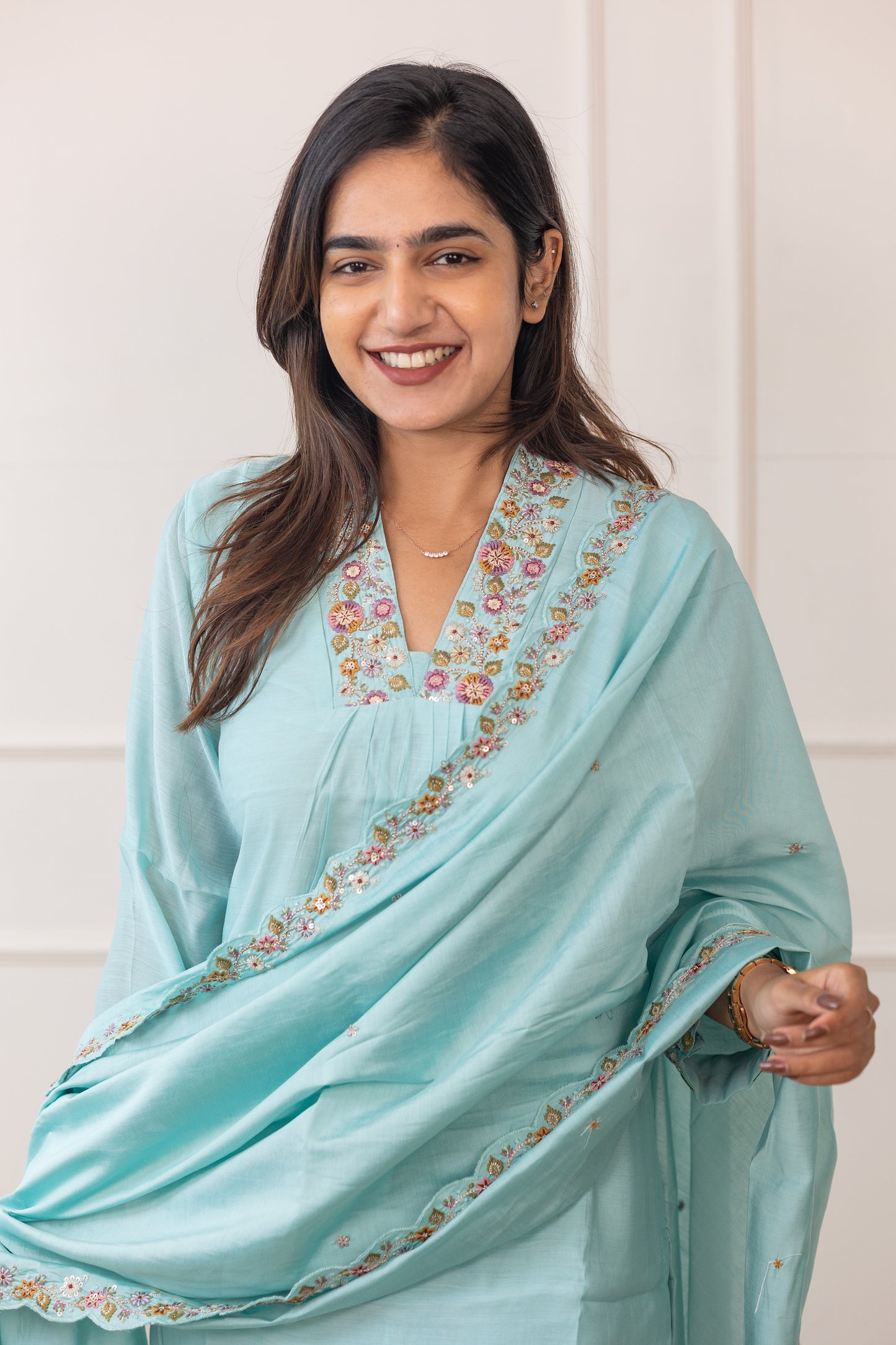 Tanishka embroided salwar set in light sky green (Mul chanderi)