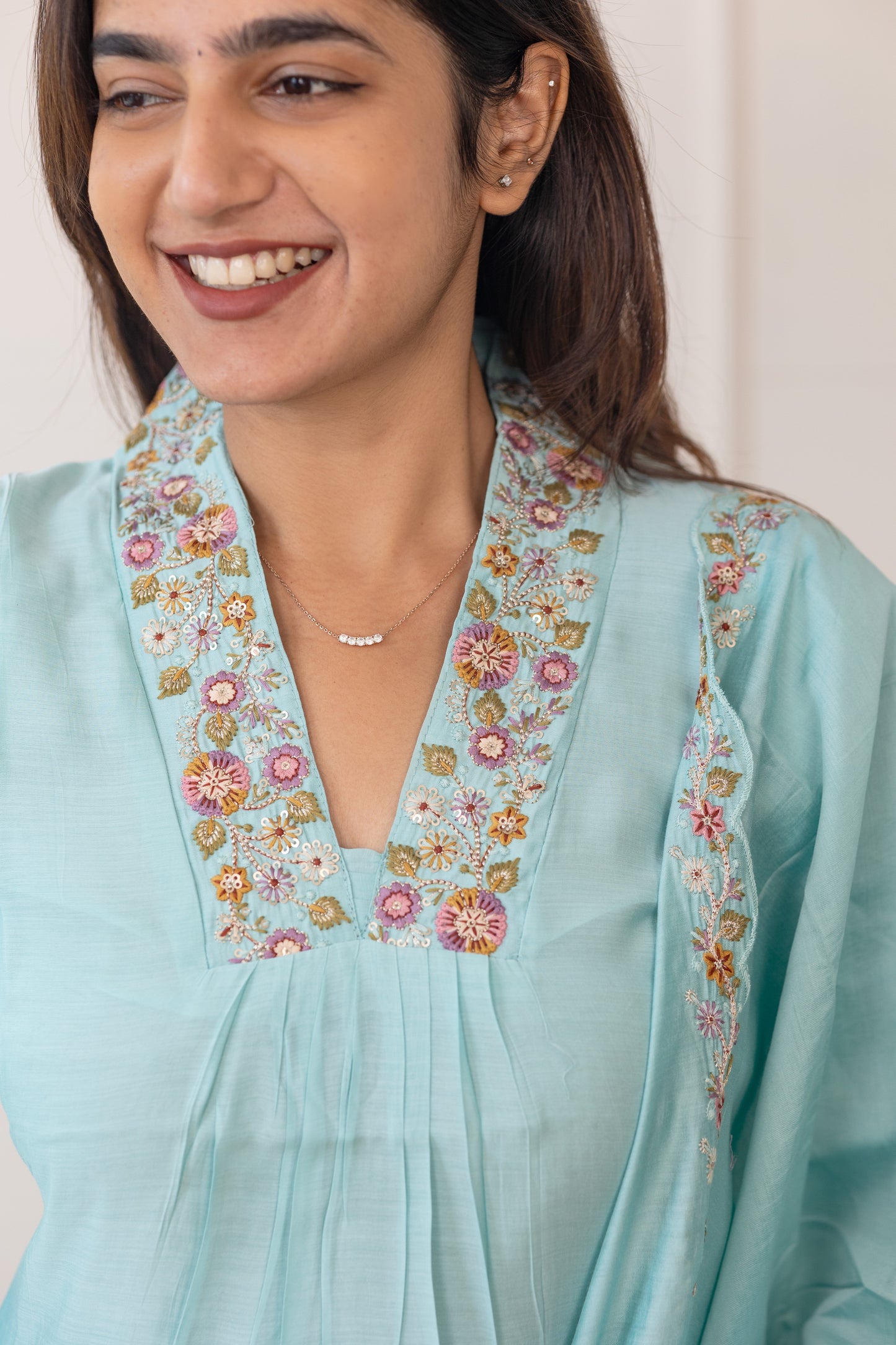 Tanishka embroided salwar set in light sky green (Mul chanderi)