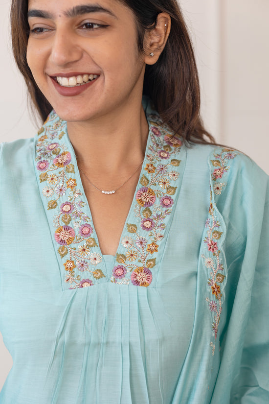 Tanishka embroided salwar set in light sky green (Mul chanderi)