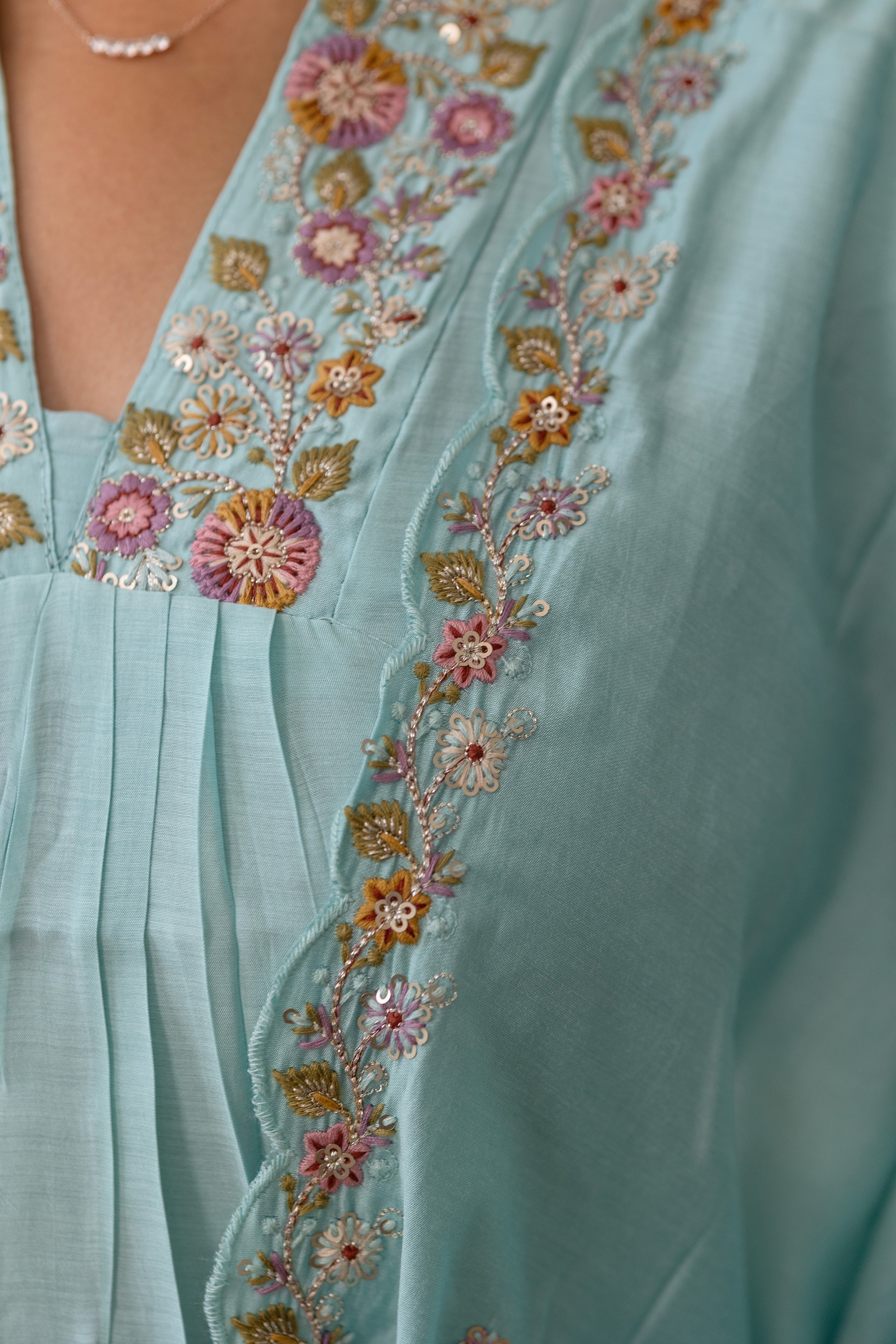 Tanishka embroided salwar set in light sky green (Mul chanderi)