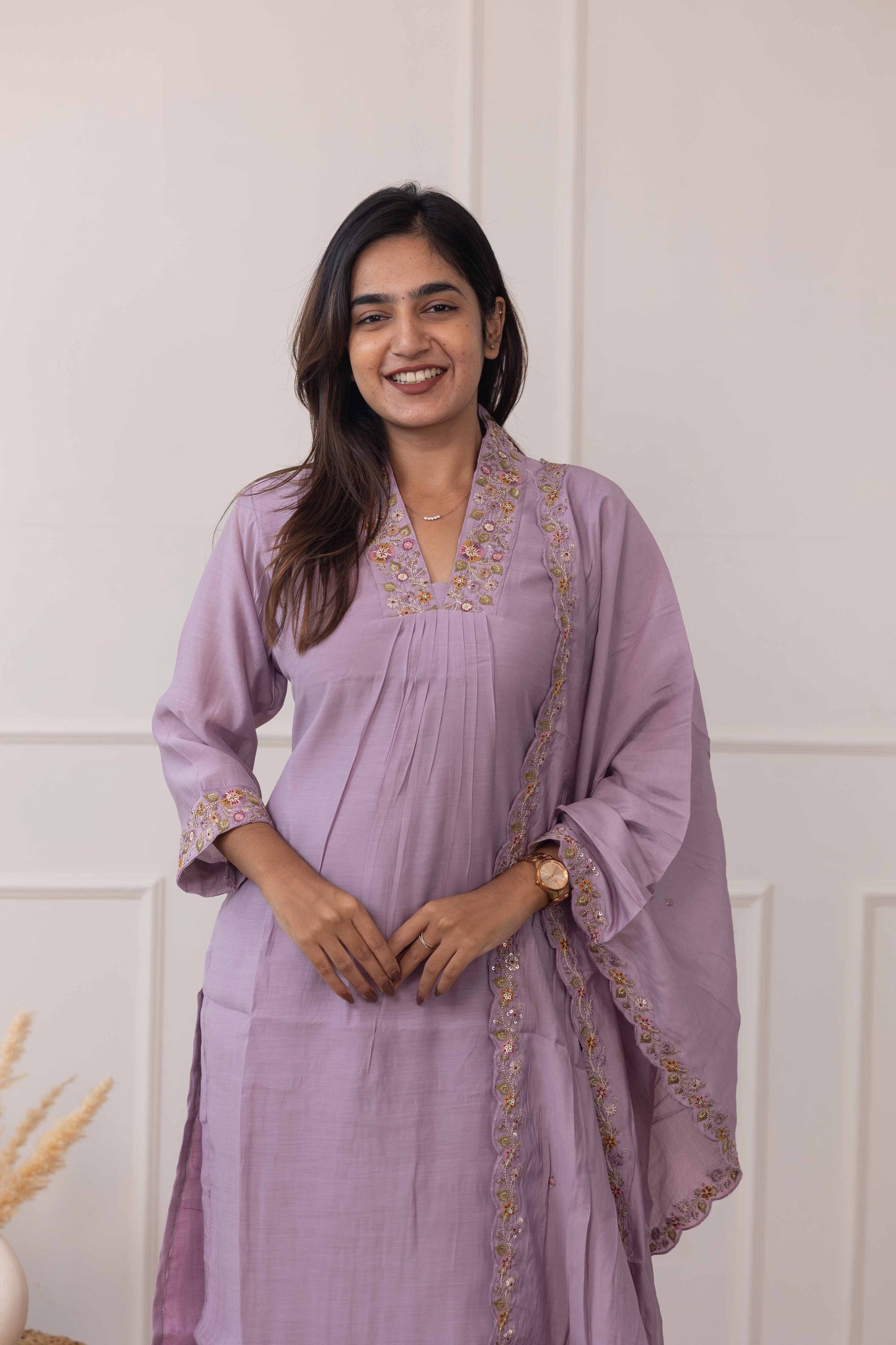 Tanishka embroided salwar set in light lavender (Mul chanderi)