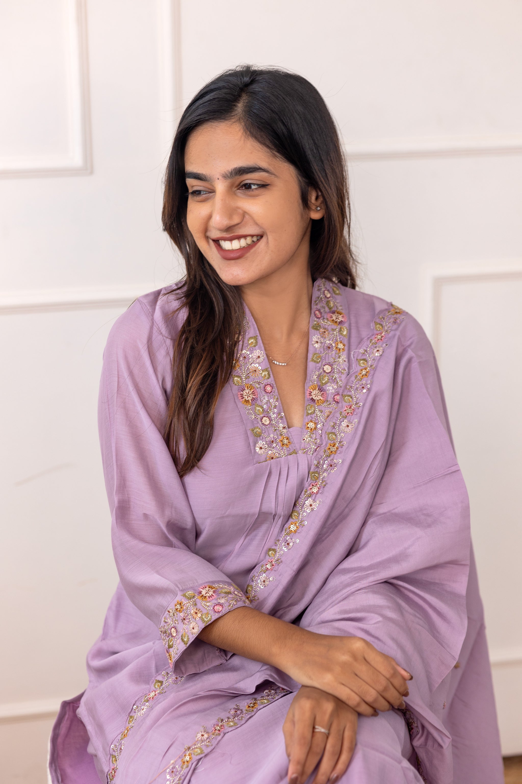 Tanishka embroided salwar set in light lavender (Mul chanderi)