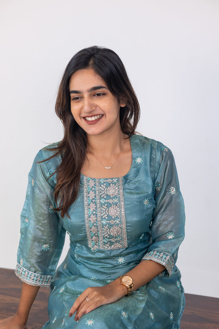 Zamira embroided kurti set in sky blue