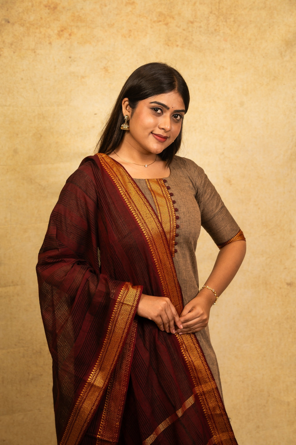 Janani Brown Top, Dark Maroon Pant and Dupatta – Handloom Cotton with Lining