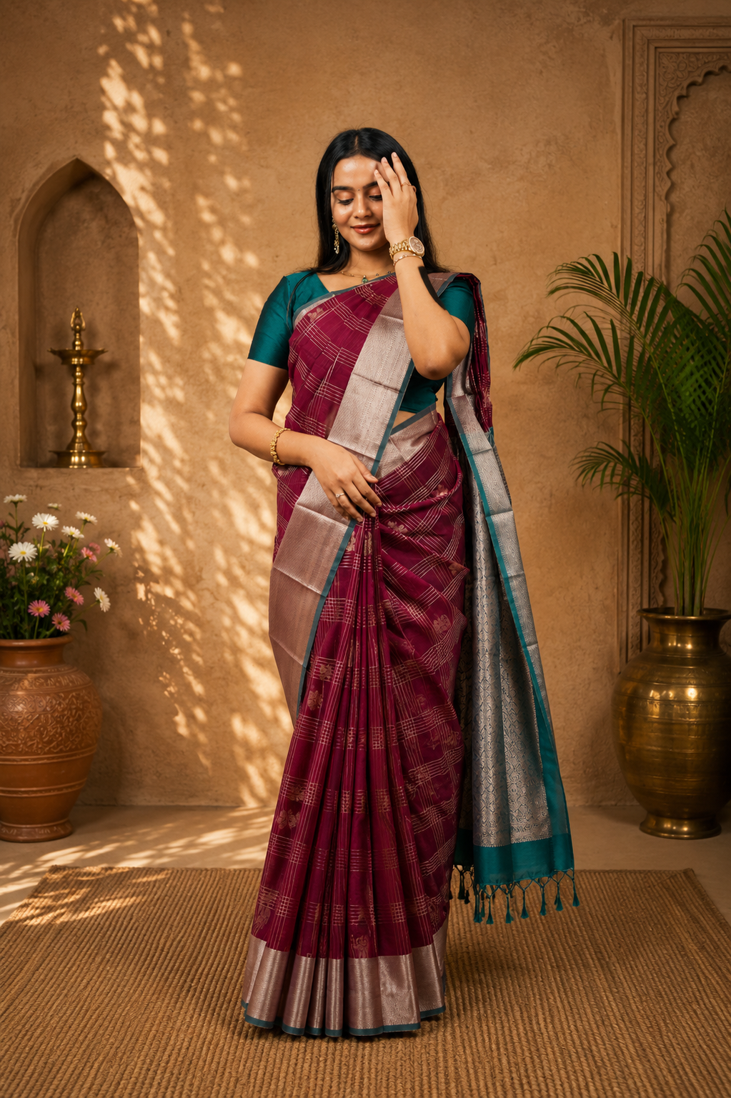 Silk cotton saree in dark plum with teal green border