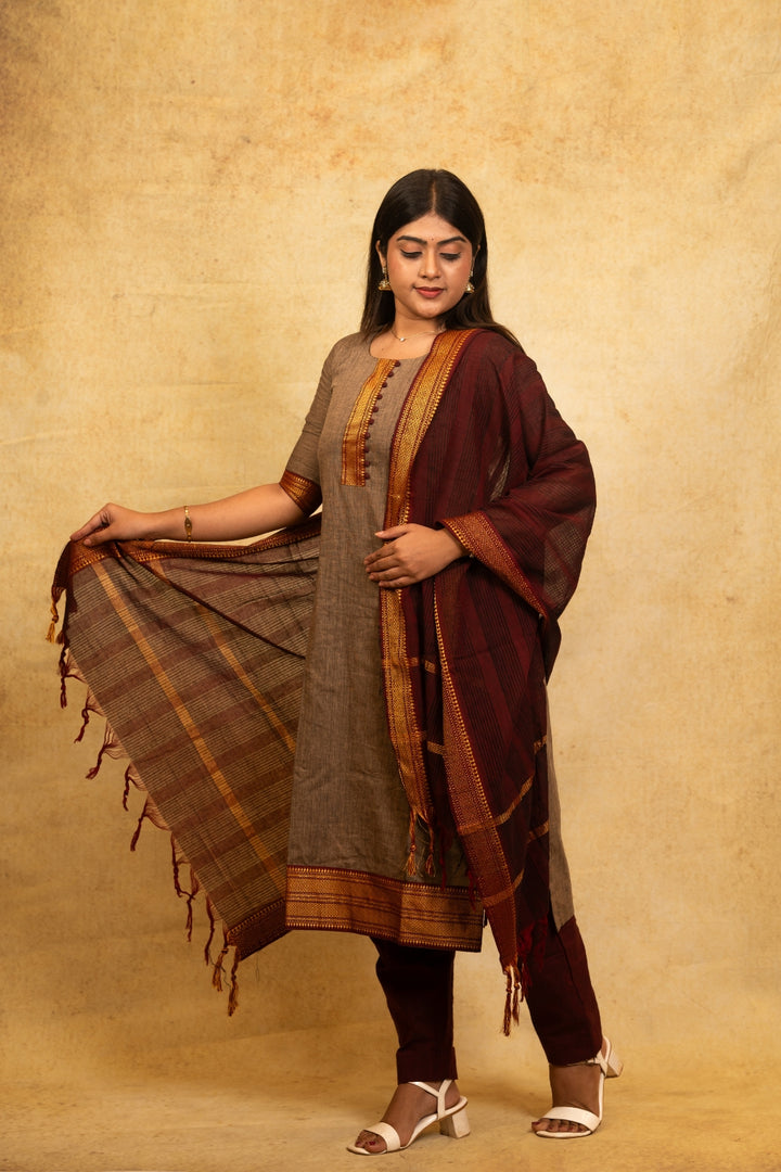 Janani Brown Top, Dark Maroon Pant and Dupatta – Handloom Cotton with Lining