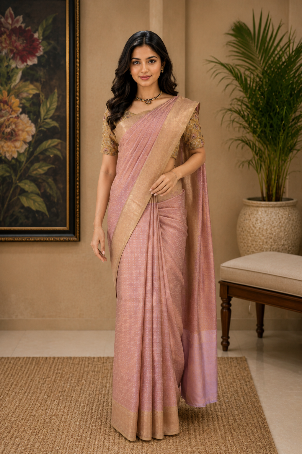Synthetic saree in rose gold with golden zari