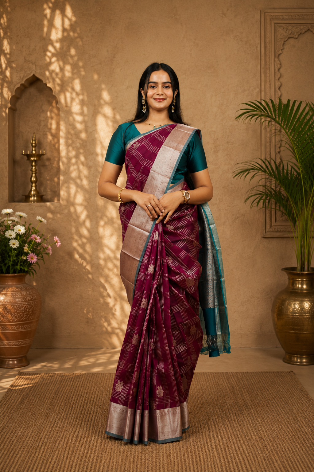 Silk cotton saree in dark plum with teal green border