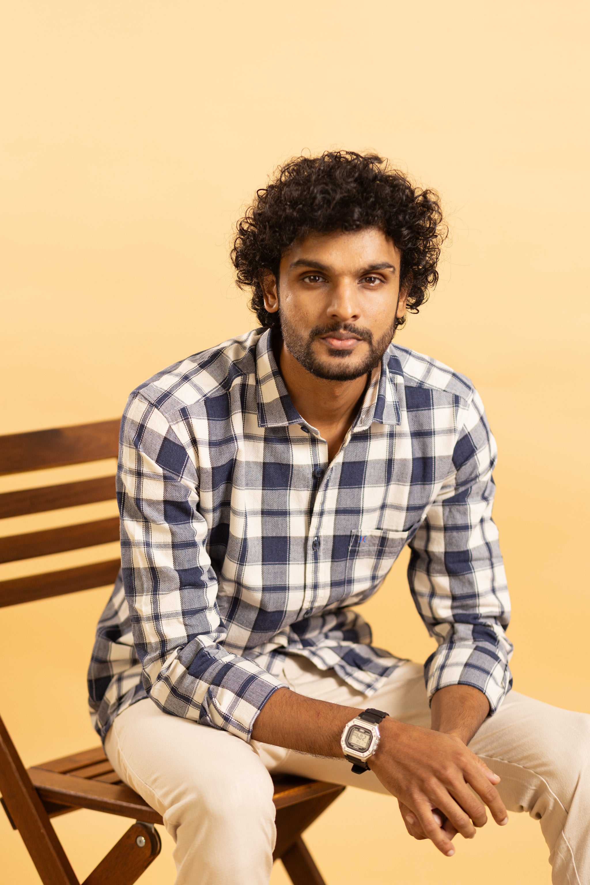 Men's full sleeve plaid pattern shirt in navy blue and beige