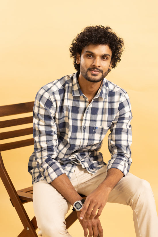 Men's full sleeve plaid pattern shirt in navy blue and beige