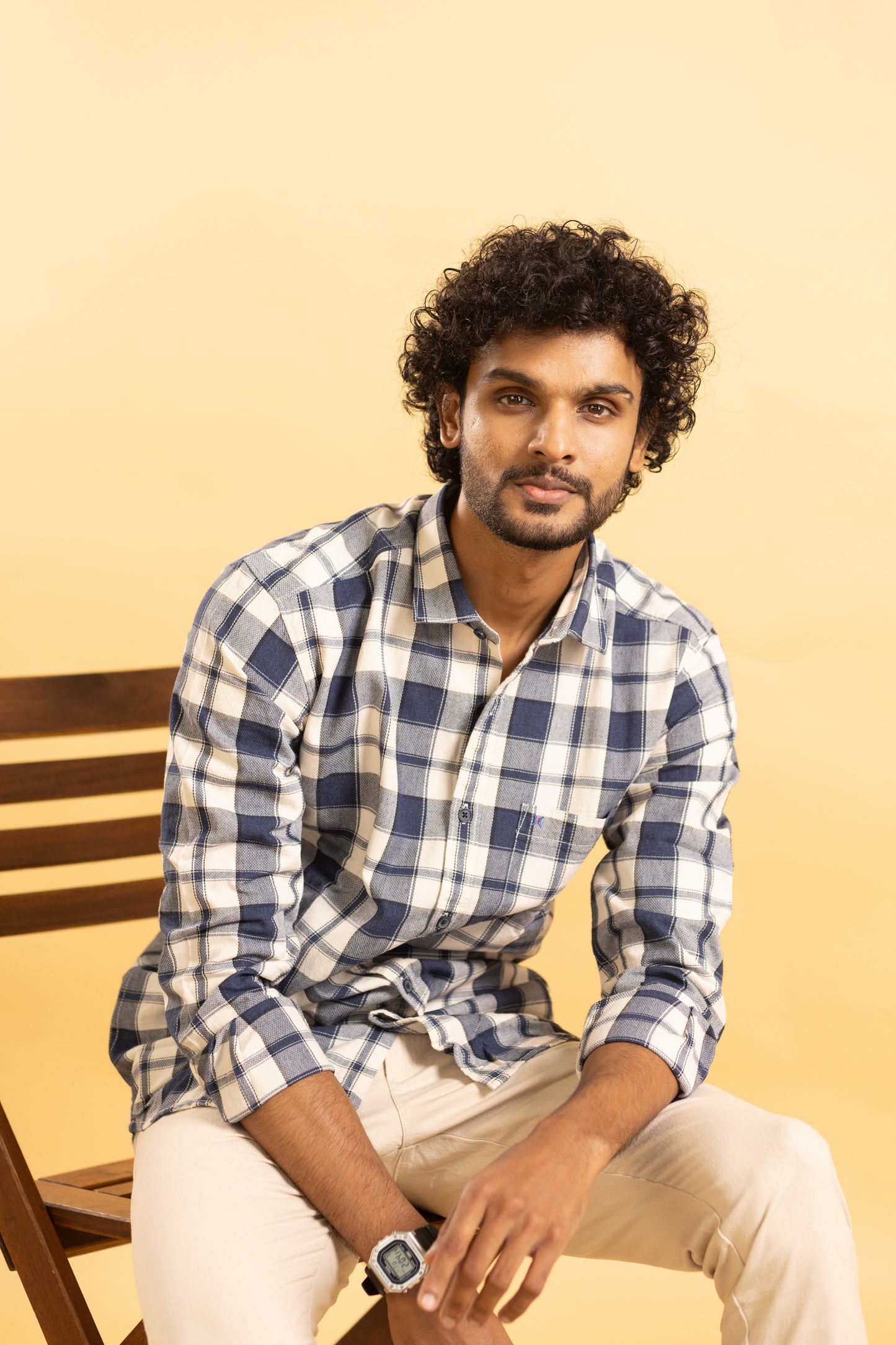 Men's full sleeve plaid pattern shirt in navy blue and beige