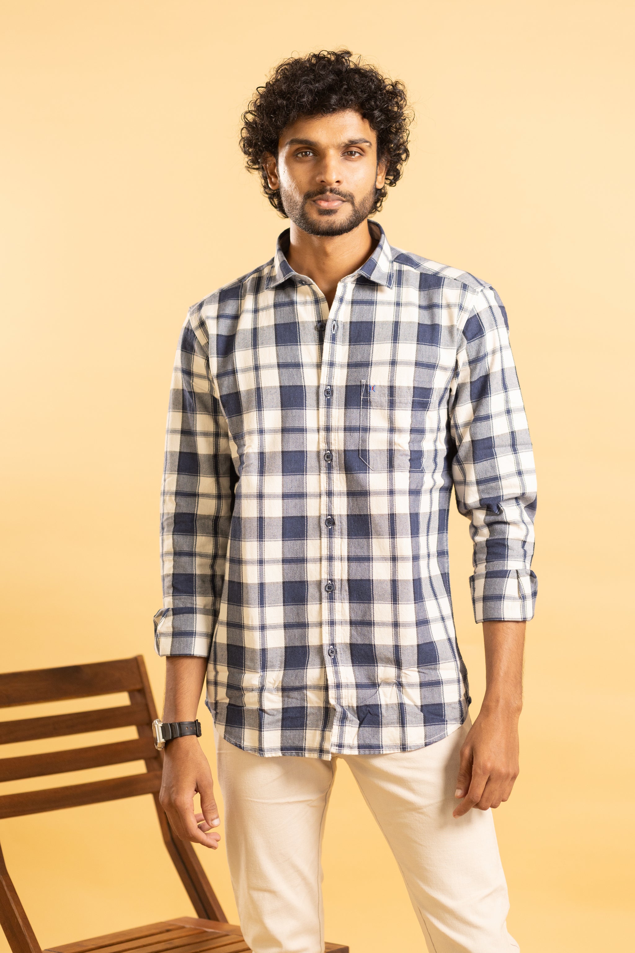 Men's full sleeve plaid pattern shirt in navy blue and beige