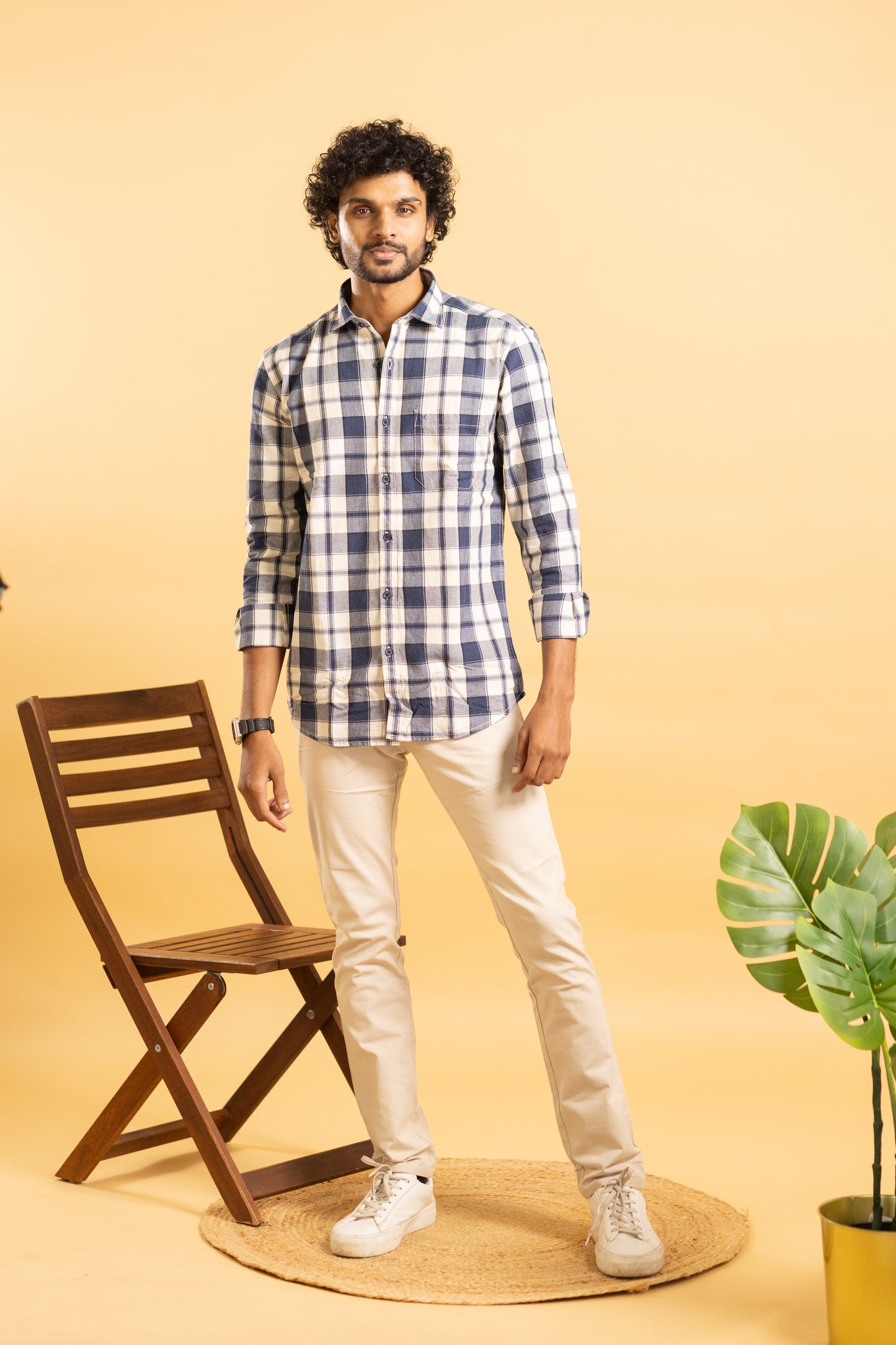 Men's full sleeve plaid pattern shirt in navy blue and beige