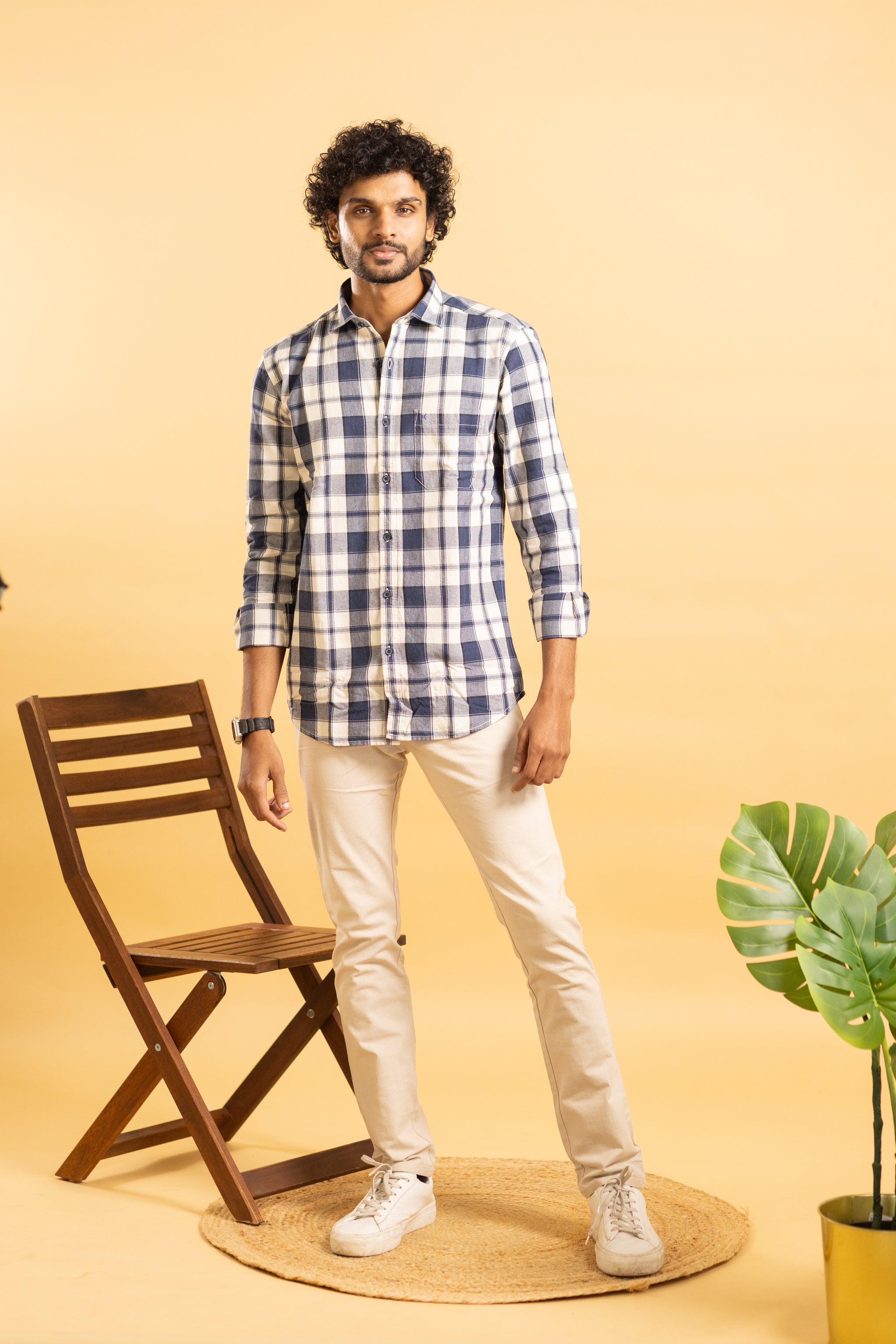 Men's full sleeve plaid pattern shirt in navy blue and beige