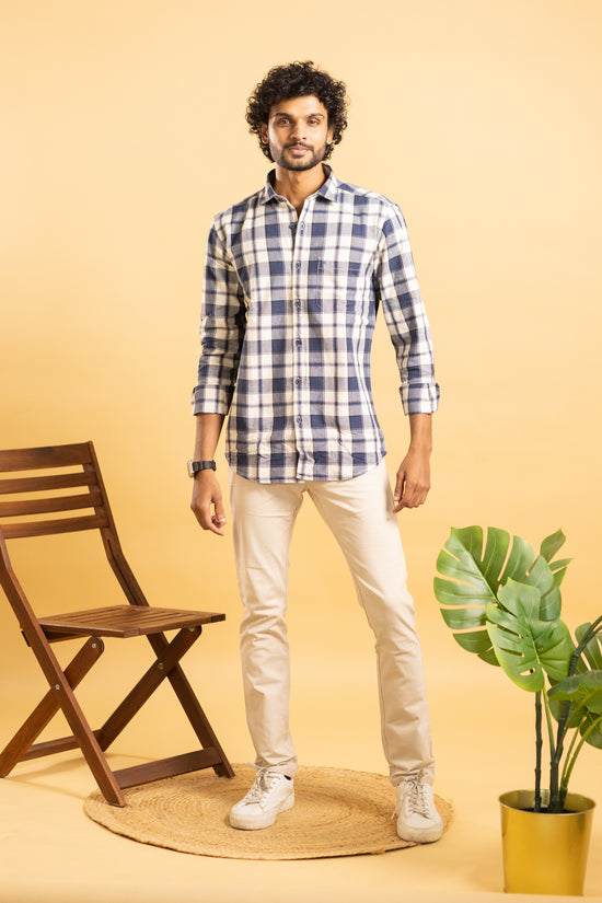 Men's full sleeve plaid pattern shirt in navy blue and beige