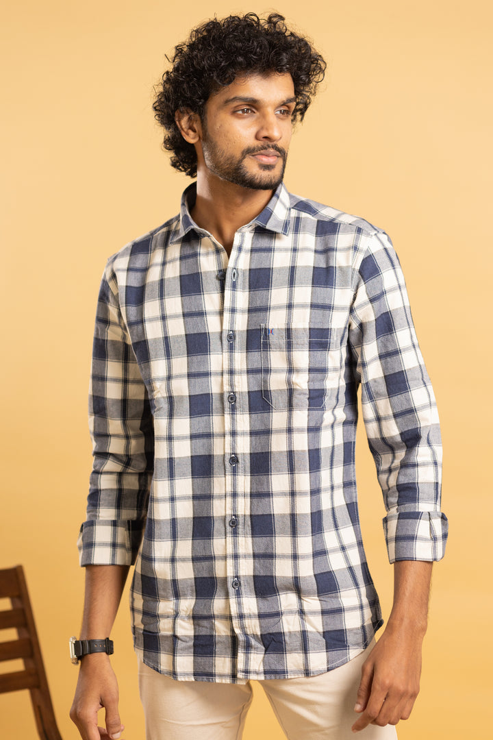 Men's full sleeve plaid pattern shirt in navy blue and beige