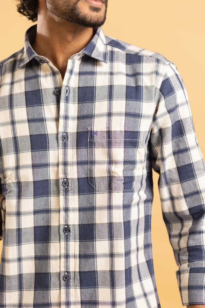 Men's full sleeve plaid pattern shirt in navy blue and beige