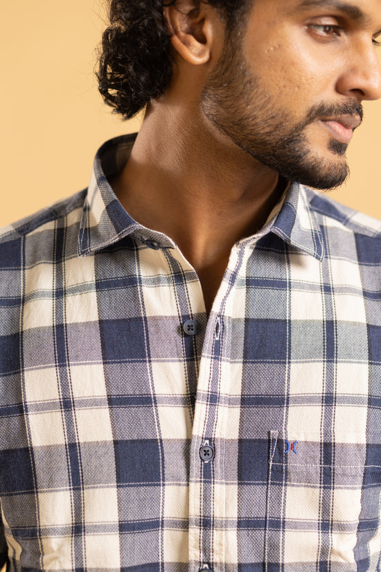 Men's full sleeve plaid pattern shirt in navy blue and beige