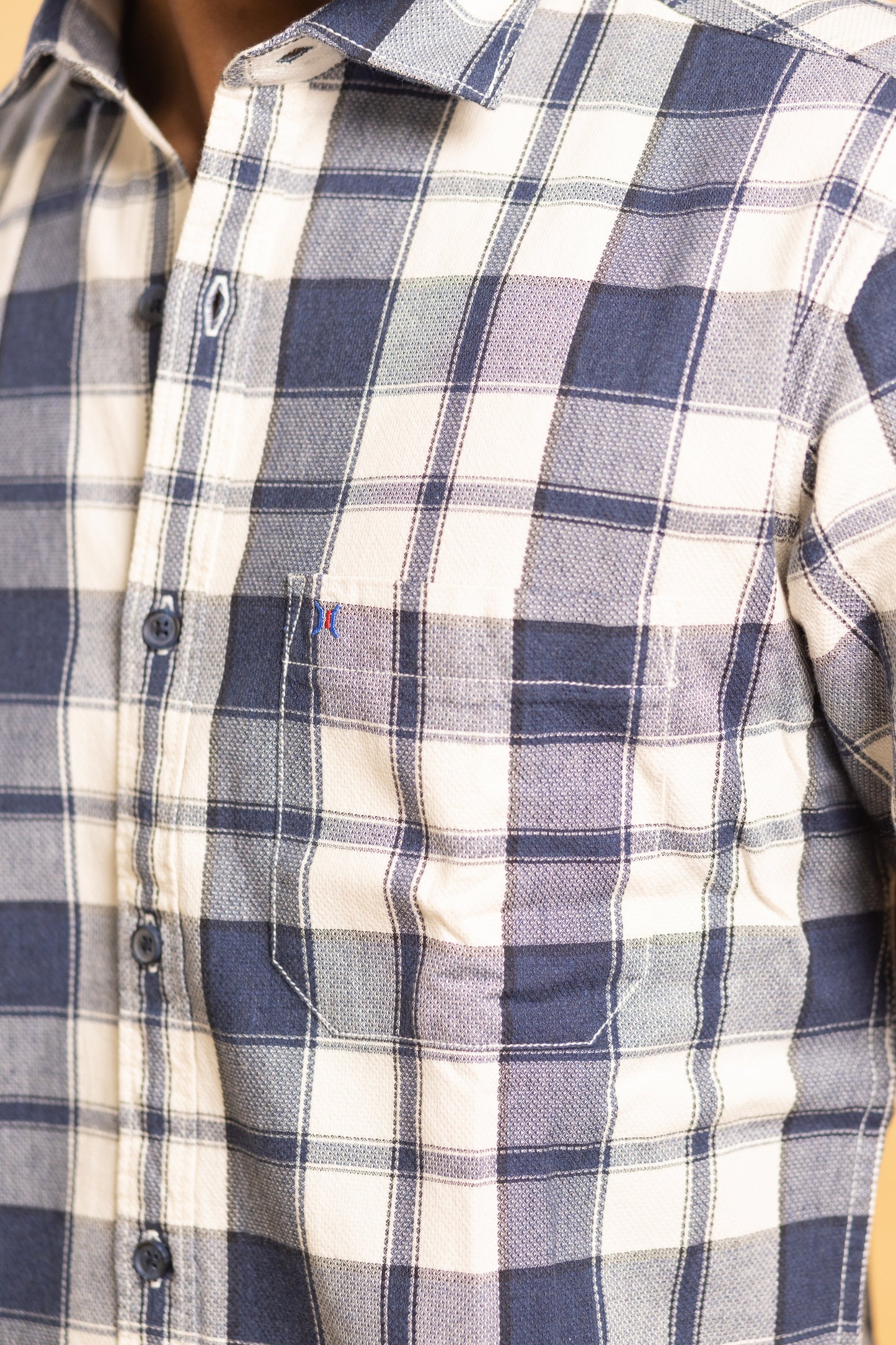 Men's full sleeve plaid pattern shirt in navy blue and beige