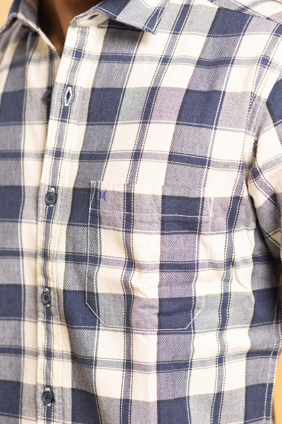 Men's full sleeve plaid pattern shirt in navy blue and beige