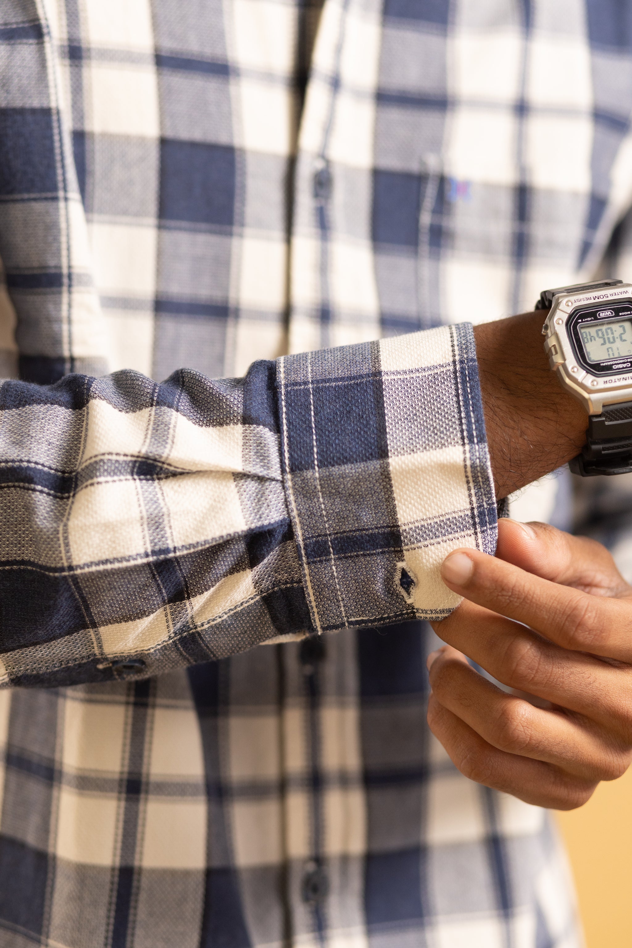 Men's full sleeve plaid pattern shirt in navy blue and beige