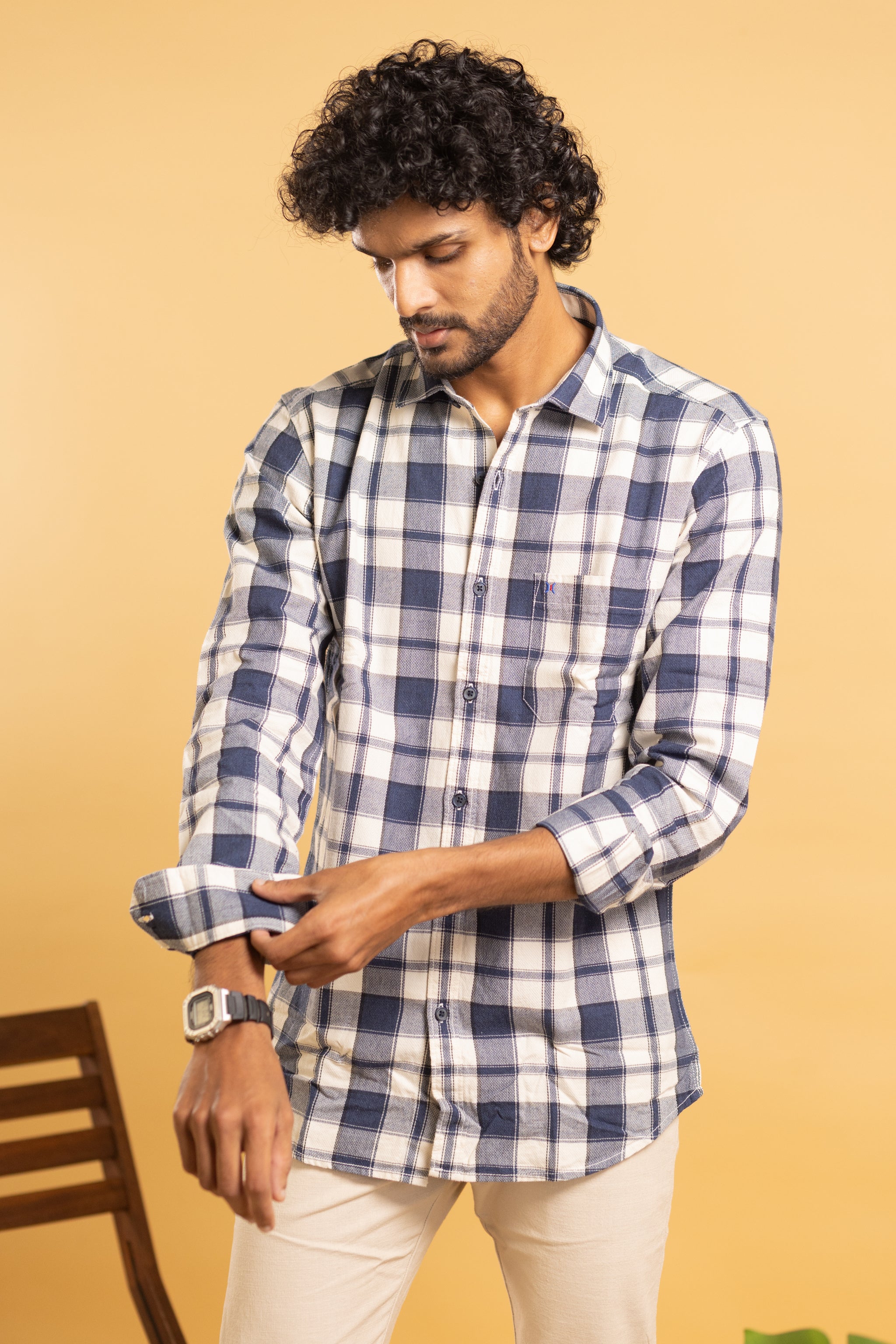 Men's full sleeve plaid pattern shirt in navy blue and beige