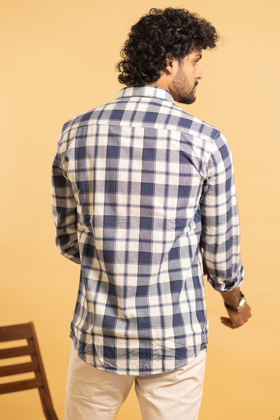 Men's full sleeve plaid pattern shirt in navy blue and beige