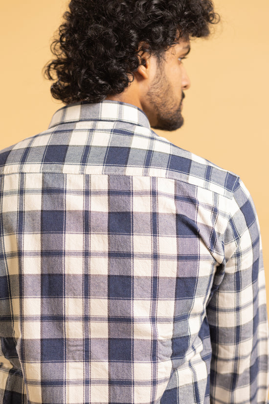 Men's full sleeve plaid pattern shirt in navy blue and beige