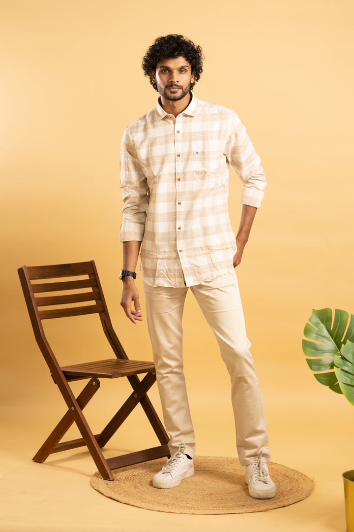 Men's full sleeve shirt in plaid pattern with beige and cream