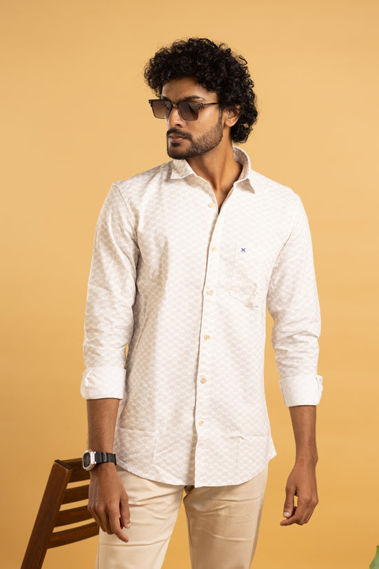 Men's full sleeve shirt in beige with a subtle geometric print
