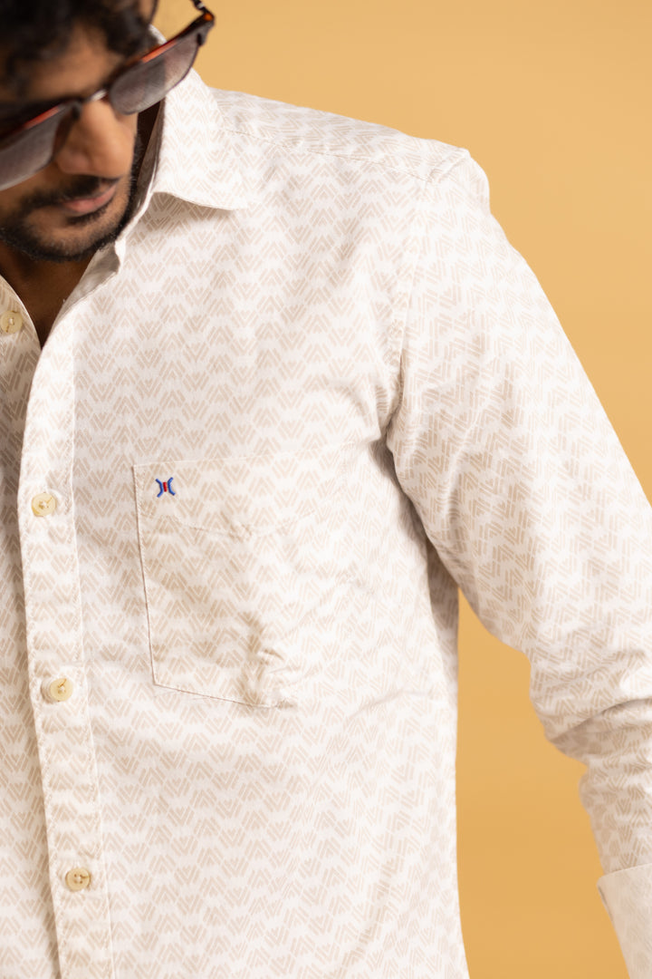 Men's full sleeve shirt in beige with a subtle geometric print