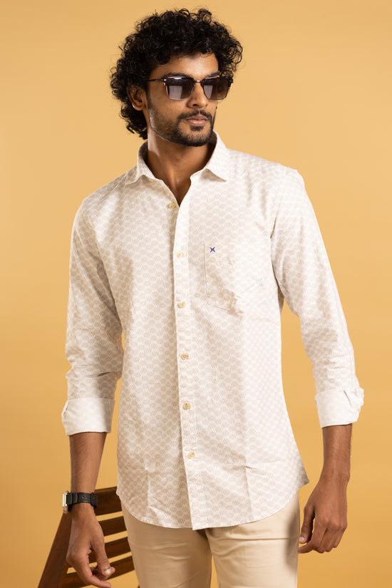 Men's full sleeve shirt in beige with a subtle geometric print