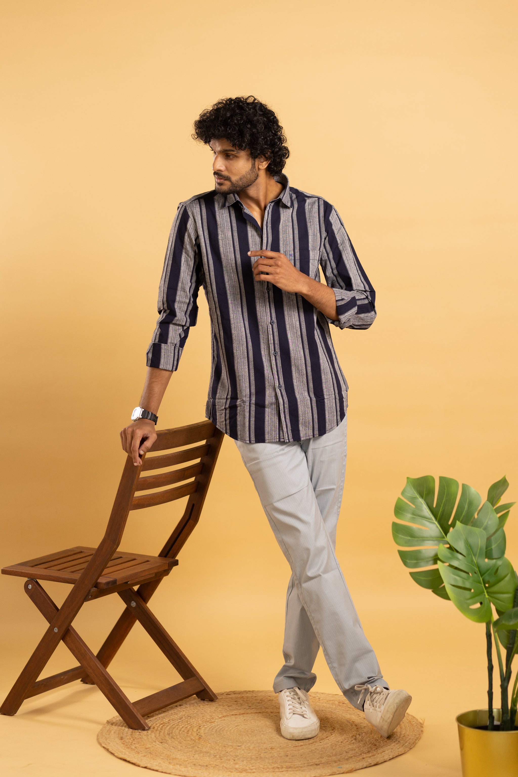 Men's full sleeve striped shirt in blue and grey