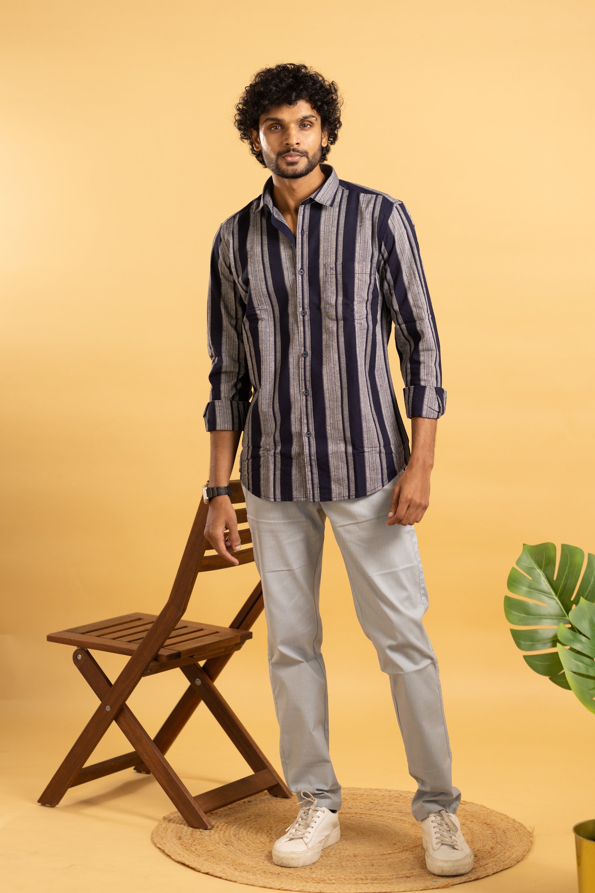 Men's full sleeve striped shirt in blue and grey