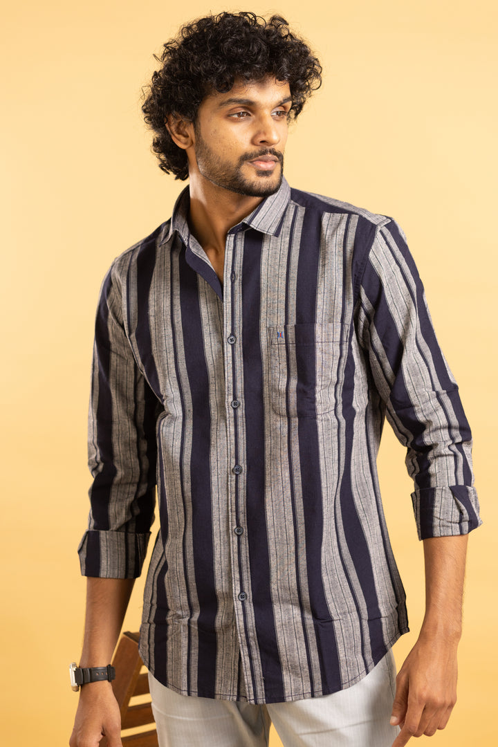 Men's full sleeve striped shirt in blue and grey