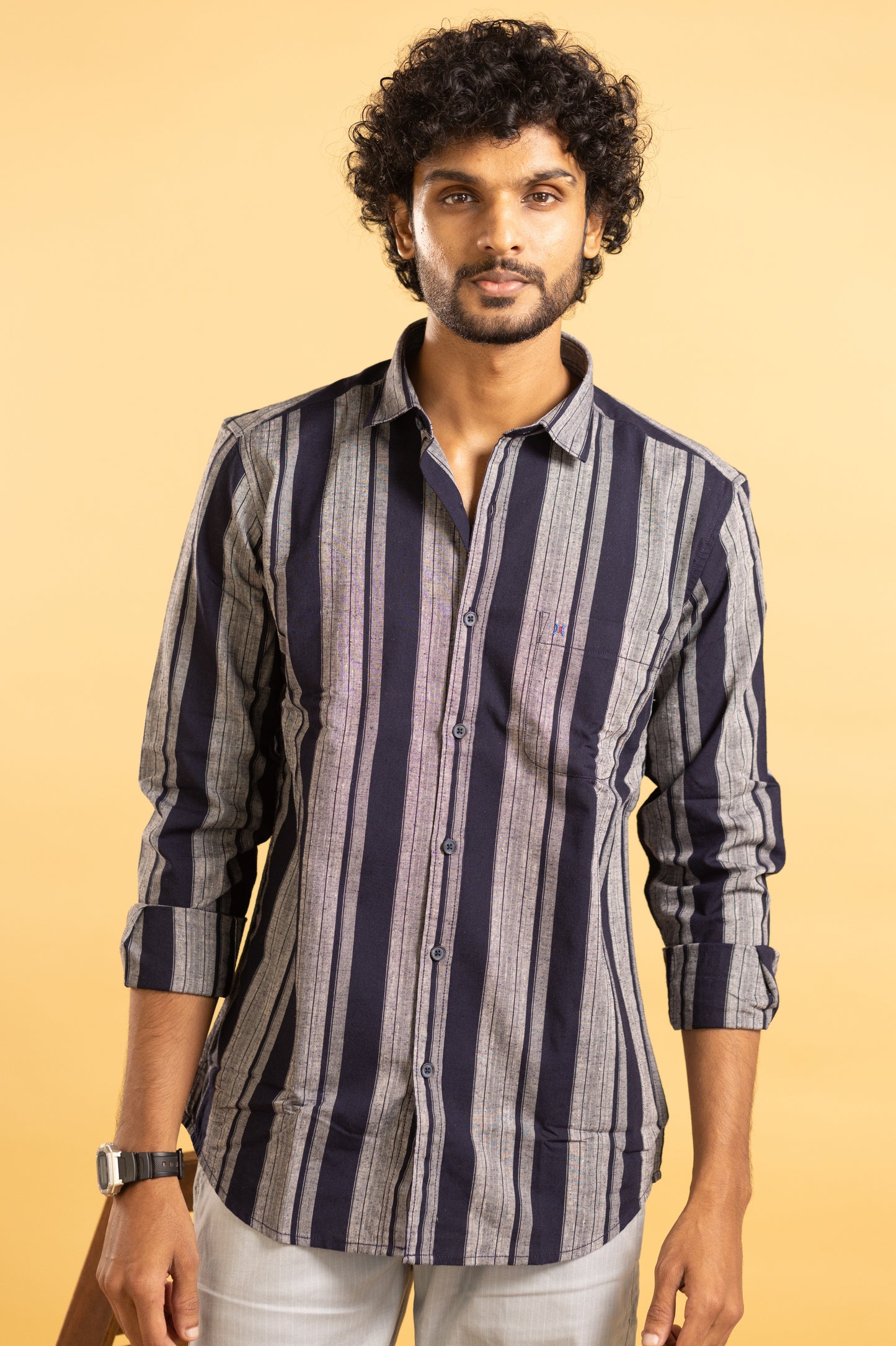 Men's full sleeve striped shirt in blue and grey