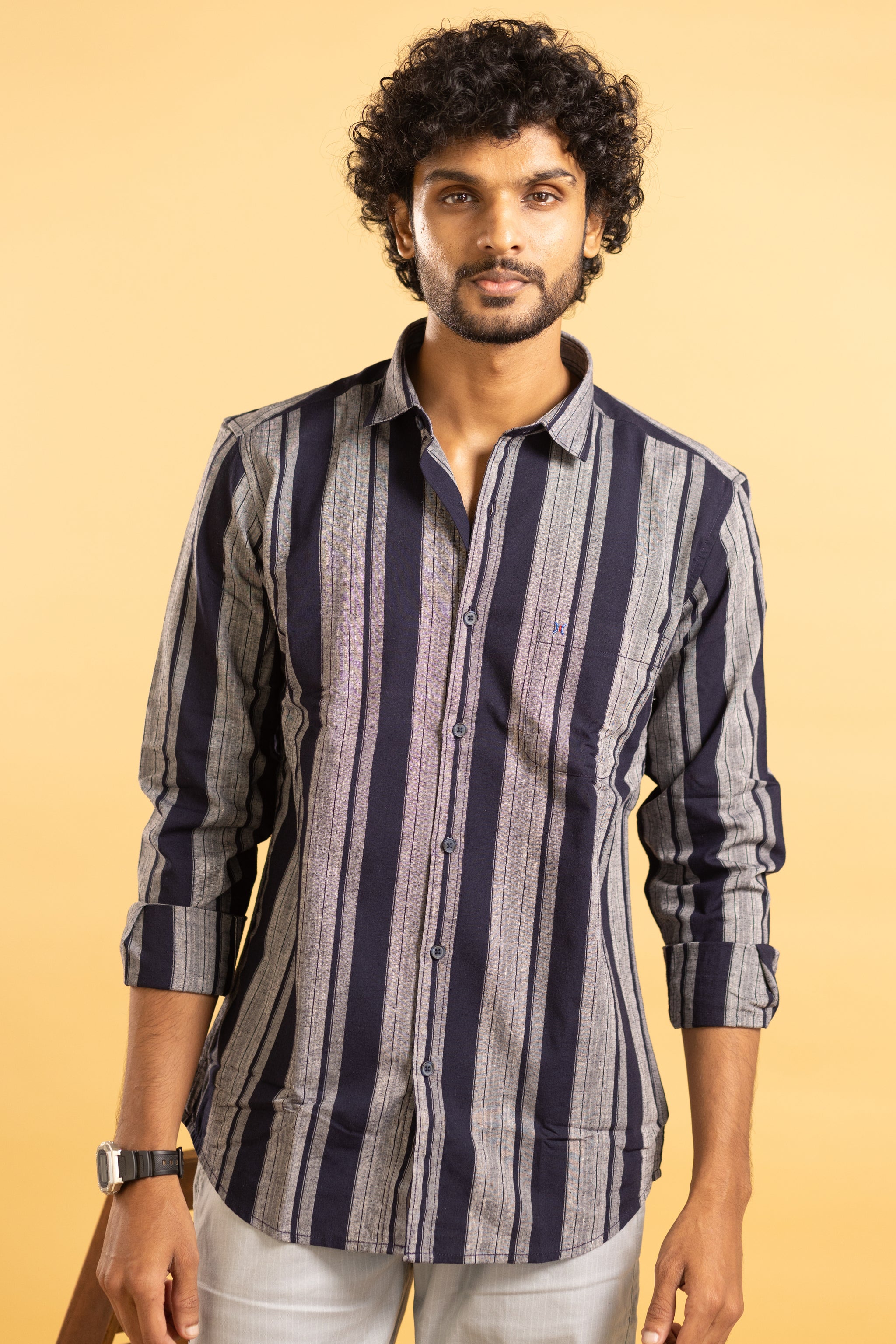 Men's full sleeve striped shirt in blue and grey
