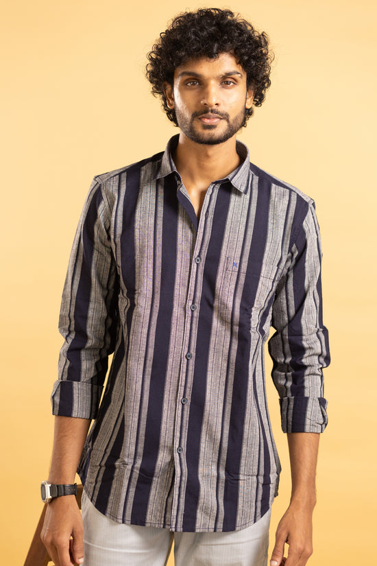 Men's full sleeve striped shirt in blue and grey